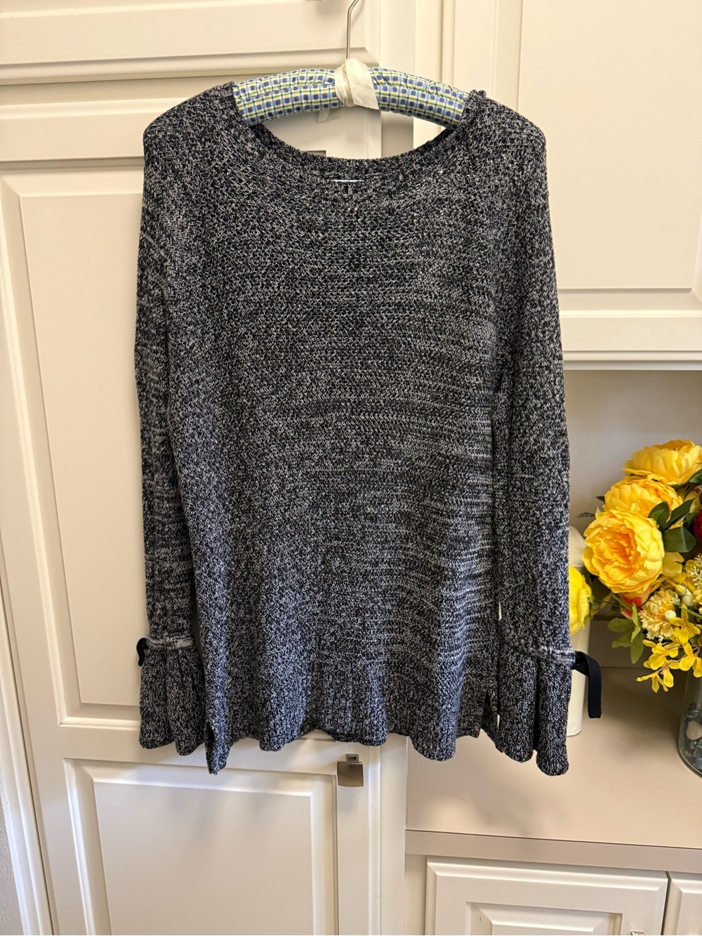 Women's Gray Marled Knit Sweater with Tie Sleeve Detail